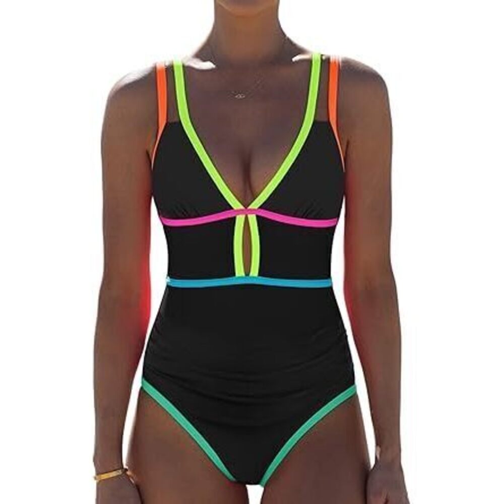 Women One Piece Swimsuit 2026 Tummy Control Sexy Cutout Neon Color Block Bathing